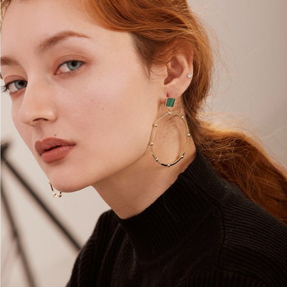 14K Gold Plated Brass Green Malachite Earrings - Picture 7 of 12